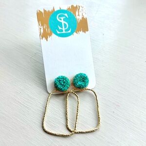 Aqua Druzy Gemstone Gold Drop Earrings